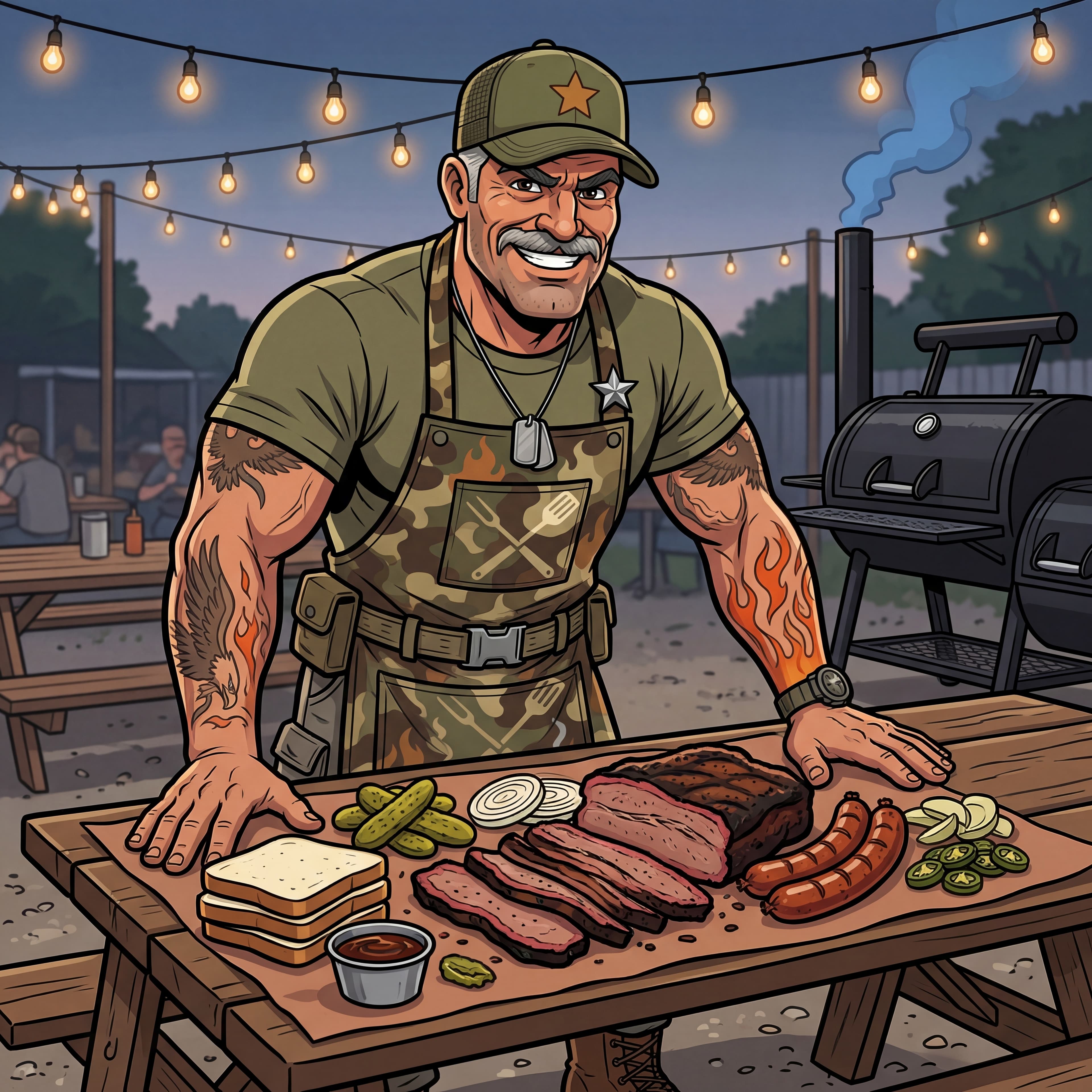 Major Wood at a long picnic table with a sliced Texas brisket, sausage, and pickles, serving the end result of a full cookalong