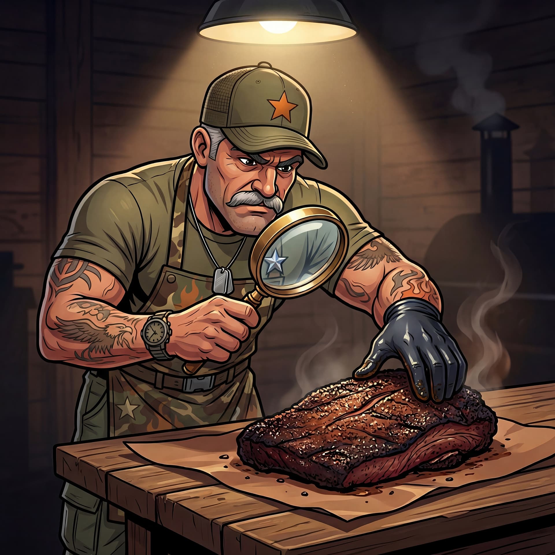 Major Wood, the fictional pit commander, inspecting a brisket
