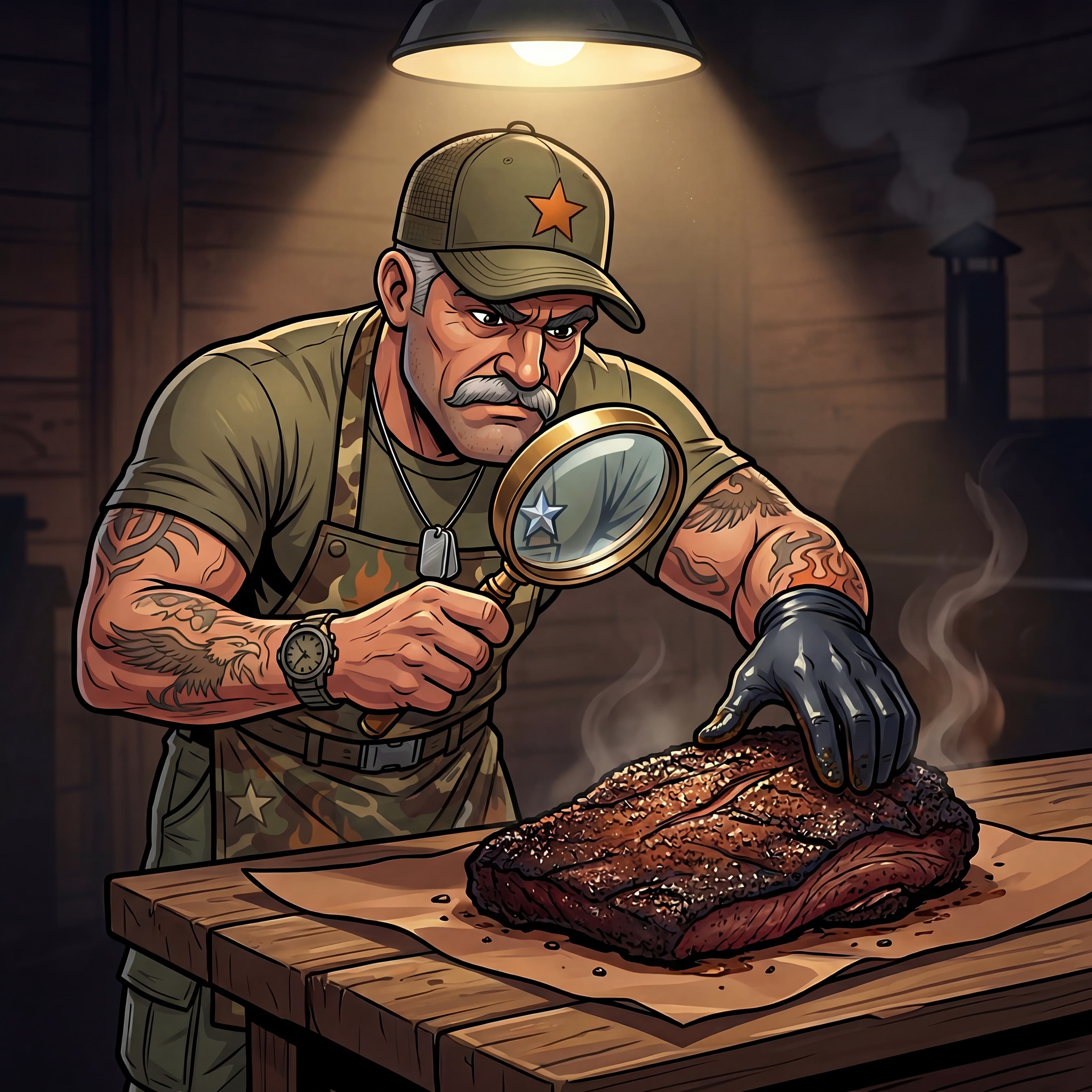 Major Wood inspecting a brisket on butcher paper with a magnifying glass, checking the trim and bark